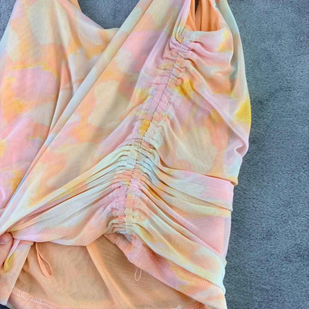 Free People L‎ Avenue Ivory Orange Ruched Mesh Tie Dye Tank Top Boho Summer NWT